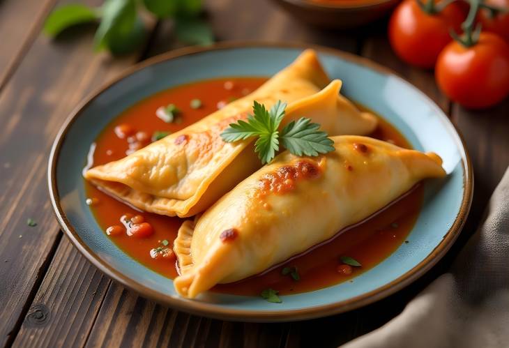 Rustic Samosas Accompanied by Tomato Sauce